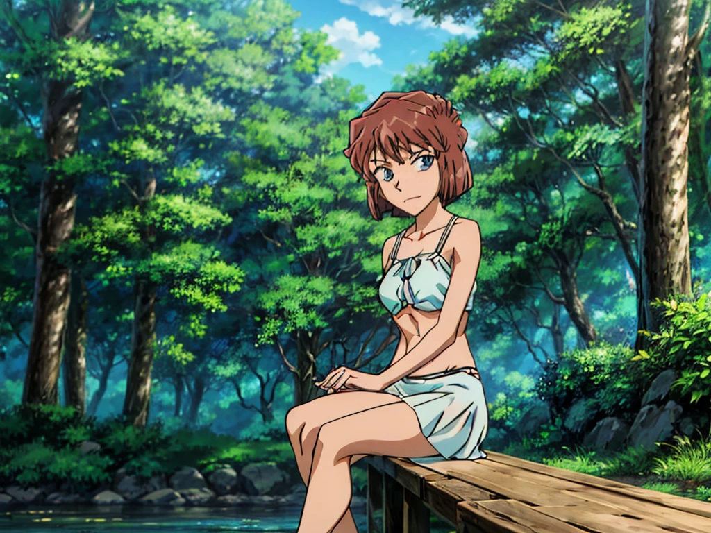 score_9, source_anime, official art, 1girl, from below, brown skin, brown hair, short messy hair, blue eyes, looking at viewer, scowl, half-closed eyes, happy, yellow sundress, sitting on the ground, large breast, barefoot, hand on head, <lora:MeMaXL_V2:0.87>