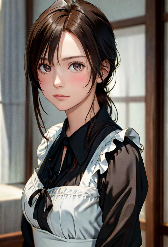 8K, of the highest quality, masutepiece:1.2), (Realistic, Photorealsitic:1.37), of the highest quality, masutepiece, Beautiful young woman, Pensive expression,、A charming、and an inviting look, Cute Maid Clothes, Hair tied back, Cinematic background, Light skin tone