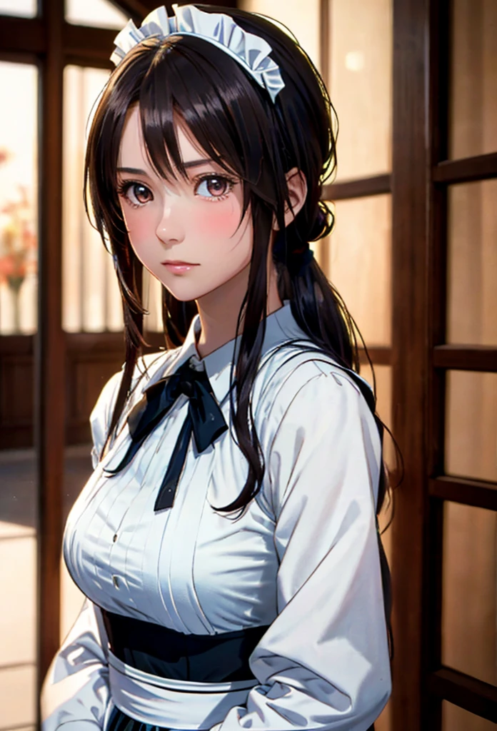 8K, of the highest quality, masutepiece:1.2), (Realistic, Photorealsitic:1.37), of the highest quality, masutepiece, Beautiful young woman, Pensive expression,、A charming、and an inviting look, Cute Maid Clothes, Hair tied back, Cinematic background, Light skin tone