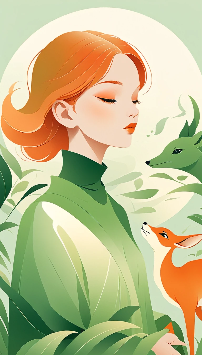 Minimalism illustrations, women with animals, in the style of graphic design-inspired illustrations, pale gradient, light green and orange, organic forms and shapes, traditional composition, clean and simple designs, dribbble, behance