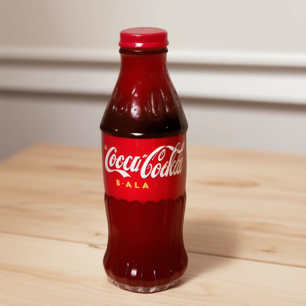 in the kitchen, on a wooden table, a coca cola jelly bottle, it shows a jelly texture, realistic texture, realistic style, detailed texture, high quality, high resolution, high quality rendering, realistic photo, brightning light, macro photo, ultra hd 4k