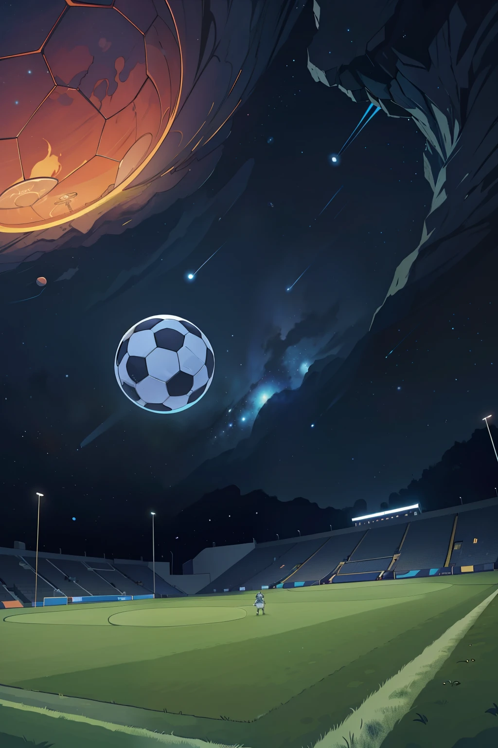 A pristine soccer field, suspended amidst the cosmic expanse – a breathtaking spectacle indeed. S2-imagine a crisp, high-definition depiction that brilliantly captures the texture of the weathered grass underfoot, the precise lines of the pitch, and the sharp contrast of the goals against the immaculate turf. The field's vibrant colors under studio lighting are further enhanced by the vivid hues of the deep space surrounding it. The art style is reminiscent of a modern, pixel-perfect rendering, embodying both the subtle realism and the beautiful grandeur of this otherworldly venue for the beautiful game.