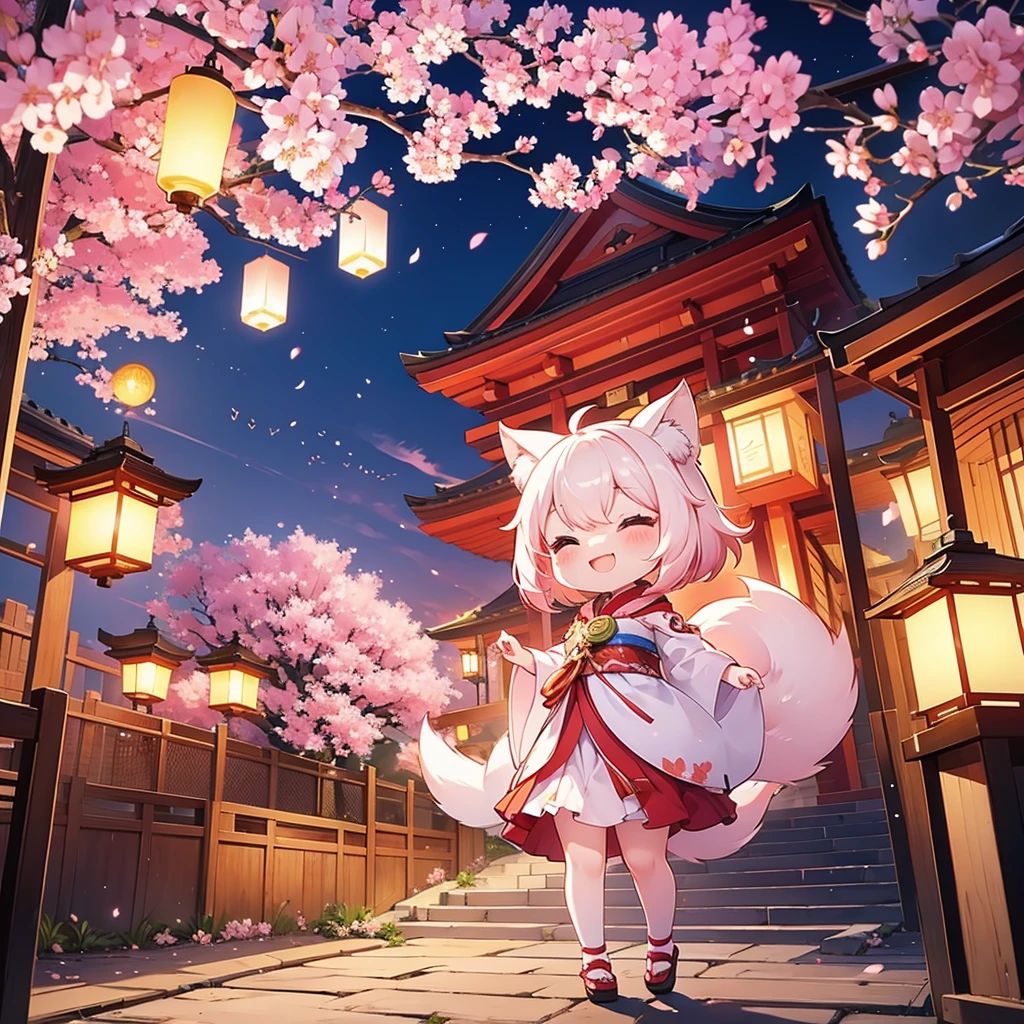 lanterns flying off into the sky, cherry blossom trees, kitsune people, happy, cheerful