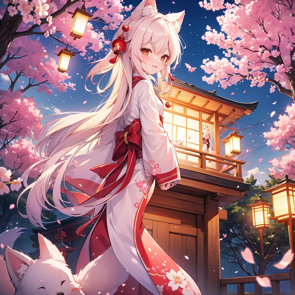 lanterns flying off into the sky, cherry blossom trees, kitsune people, happy, cheerful 