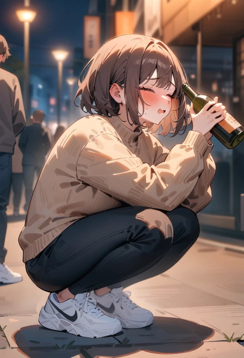 masterpiece, best quality, very aesthetic, absurdres, newest, 1girl, solo, blush, drunk, short hair, long sleeves, holding, brown hair, full body, closed eyes, outdoors, shoes, solo focus, pants, blurry, sweater, night, squatting, white footwear, bottle, sneakers, holding bottle,