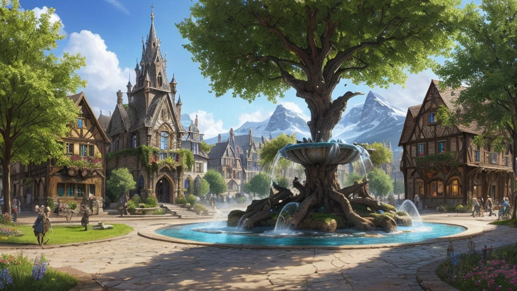 Fantasy art, RPG Art, The Elven town square features a magnificent magical fountain, The fountain's basin is inscribed with magical runes, Many streams of water entangled in the fire, Interested, Fire is combined with the flow of water, It's night, The moon rises, Realistic, 16K, born, Awards, (Most detailed: 1.5), masterpiece, Highest quality, (Super detailed), whole body, Ultra Wide Shot