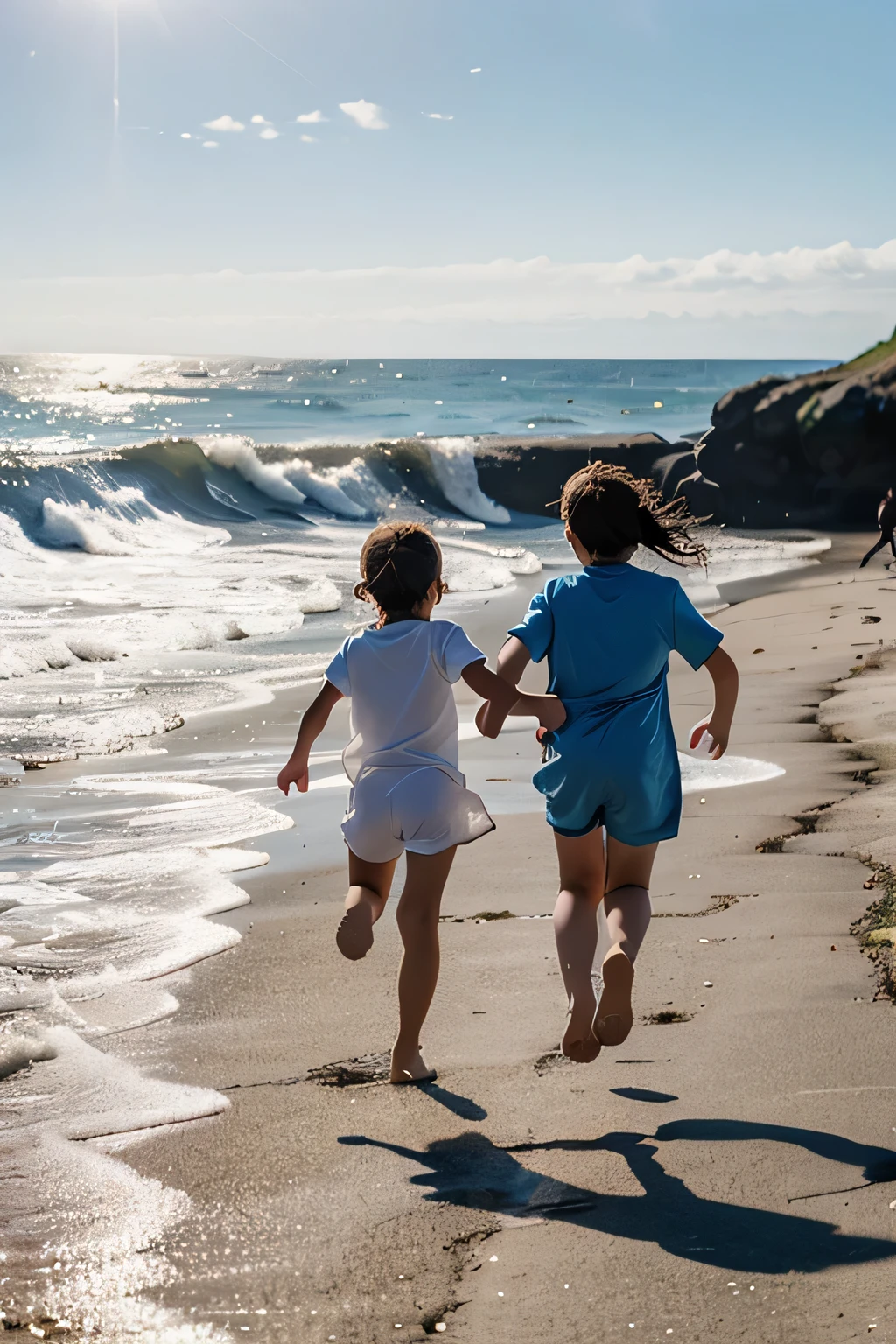 Joyful children running to the sea on a sunny day