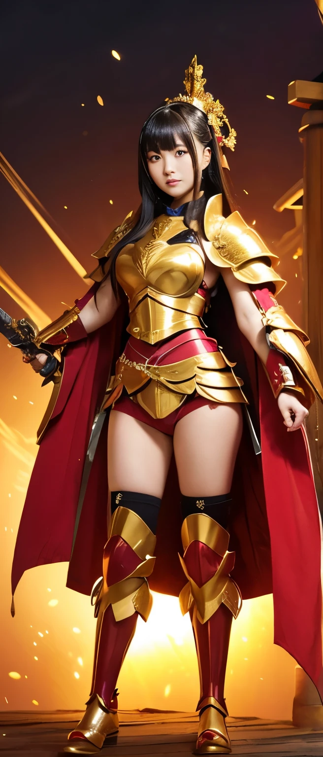 Tall cute girl knight、whole body、Good style、、、、、、、、、、Tanned thick legs、、Red and gold armor kimono、Neat and clean idol face、Glowing、