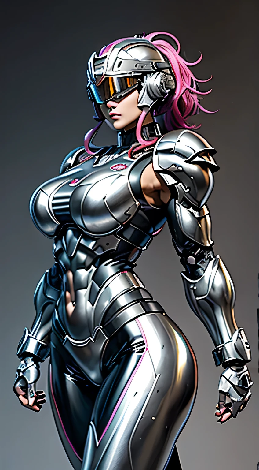 Female Robocop Solo、Bright outdoors、strong light source、8K, high quality, masterpiece, 最high quality, Crisp contrast、Very detailed、Full body armor、Very large armor、Helmet covering the head、Clear photos、His eyes are hidden by thin straight goggles:1.3、The lower half of the face is raw々Shii:1.5、The lower half of the face is exposed、Seductive lips、Rainbow and white metallic armor、Armor that completely covers the chest、Long, slender legs、Vibrant Posselo Body View,Big and ample breasts:1.5, (Sports Body:1.5)、Five Fingers、Hold a handgun、In the city