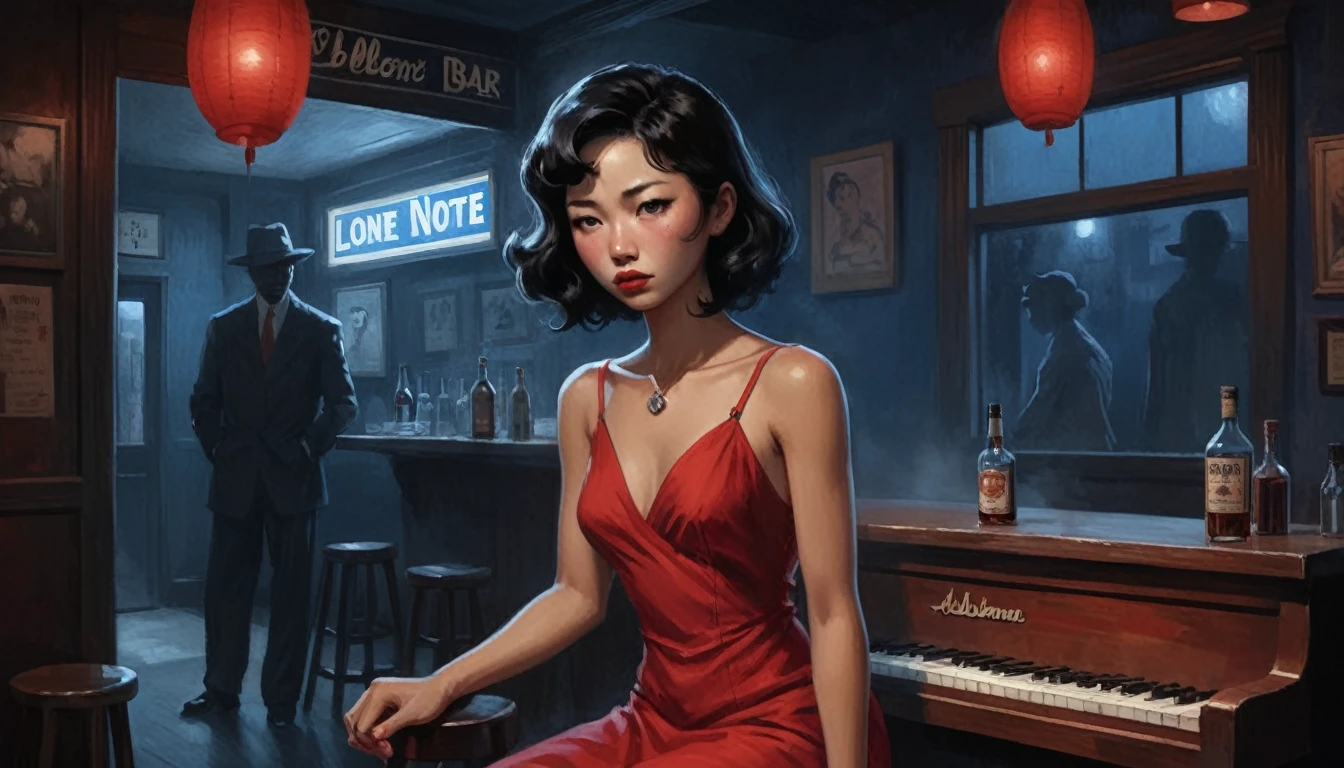 robert johnson, gritty, alabama bar, blue note, charismatic , red dress, illustration, noir fantasy, lone asian lady, sad ending, saxophonist