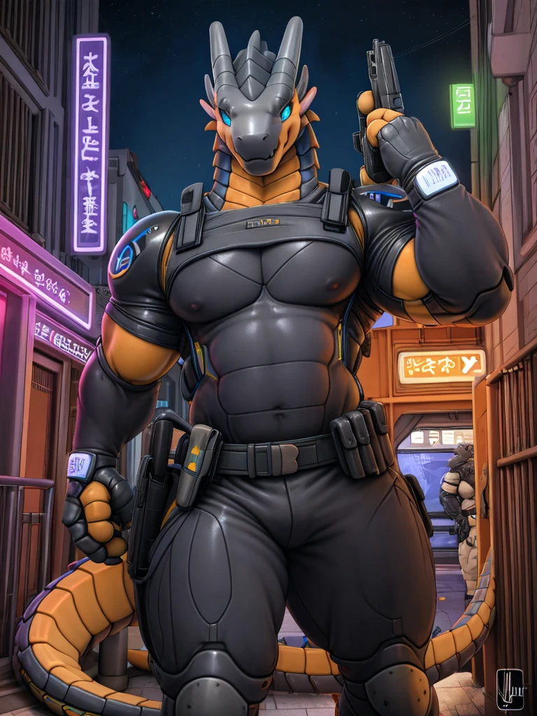 , Uploaded to E621, best quality, masterpiece, high quality, Sexy Men, (synth) ,dragon, android,White, Bright colors, security robot, guards, bodyguard, bodyguard, very muscular, male muscular, sexy muscular, thick thighs, Long tail, guards costume, holster, gun holster, hand on holster, attack pose,night, city background, Bright screen, by vader-san