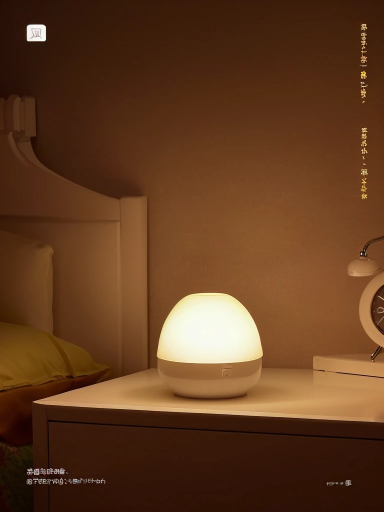 there is a small lamp on a nighttand next to a bed, Night Light, mood light, paisible Night Lighting, Warm ambient light, Beautiful and lovely lighting, Beautiful soft light, Room, Very soft diffuse light, night, Holding a night light, Ambient yellow light, Soft ambient lighting, Lighting side view, Soft warm lighting