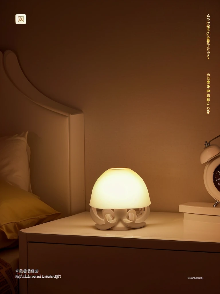 there is a small lamp on a nighttand next to a bed, Night Light, mood light, paisible Night Lighting, Warm ambient light, Beautiful and lovely lighting, Beautiful soft light, Room, Very soft diffuse light, night, Holding a night light, Ambient yellow light, Soft ambient lighting, Lighting side view, Soft warm lighting