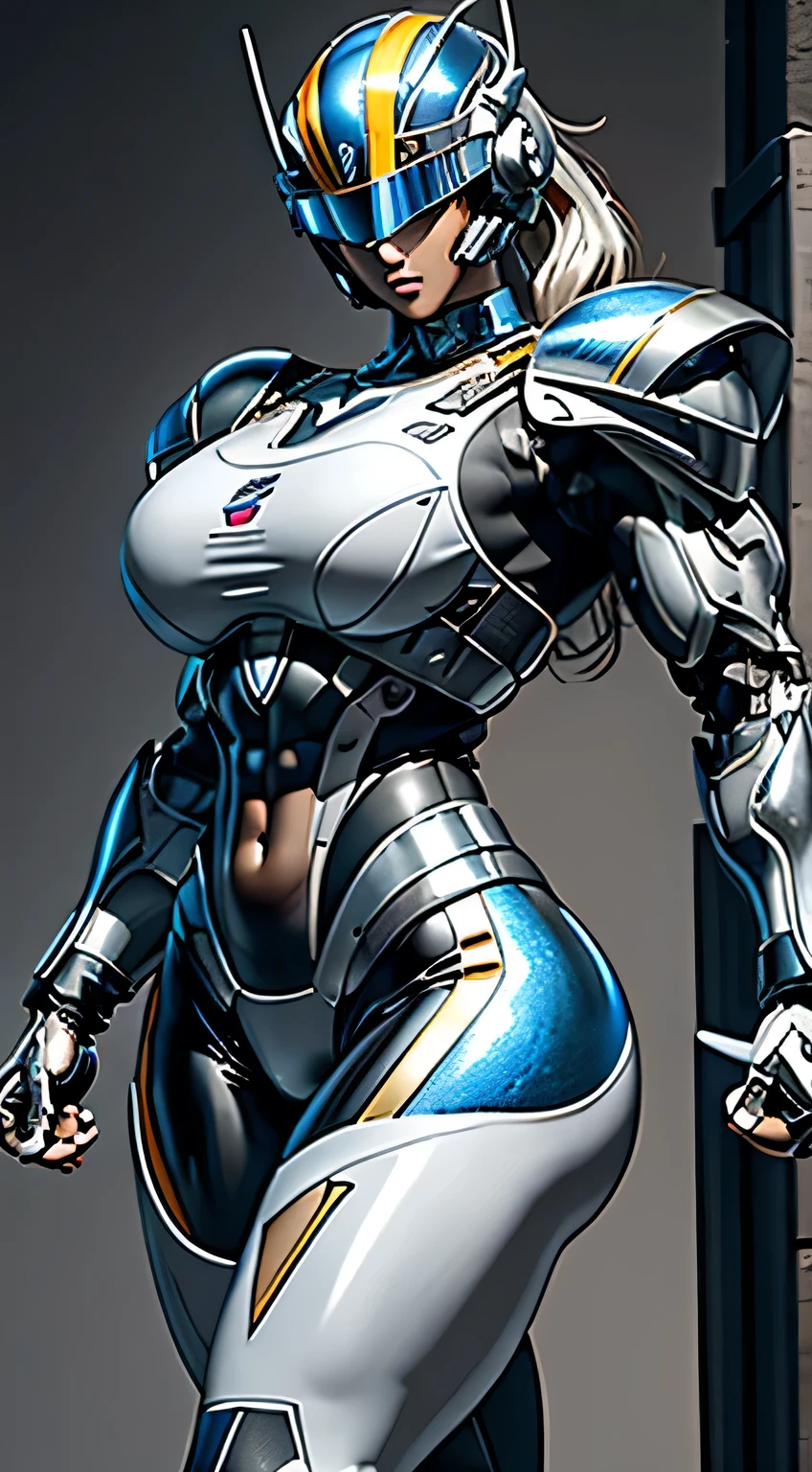 Female Robocop Solo、Bright outdoors、strong light source、8K, high quality, masterpiece, 最high quality, Crisp contrast、Very detailed、Full body armor、Very large armor、Helmet covering the head、Clear photos、His eyes are hidden by thin straight goggles:1.3、The lower half of the face is raw々Shii:1.5、The lower half of the face is exposed、Seductive lips、Rainbow and white metallic armor、Armor that completely covers the chest、Long, slender legs、Vibrant Posselo Body View,Big and ample breasts:1.5, (Sports Body:1.5)、Five Fingers、Hold a handgun、In the city