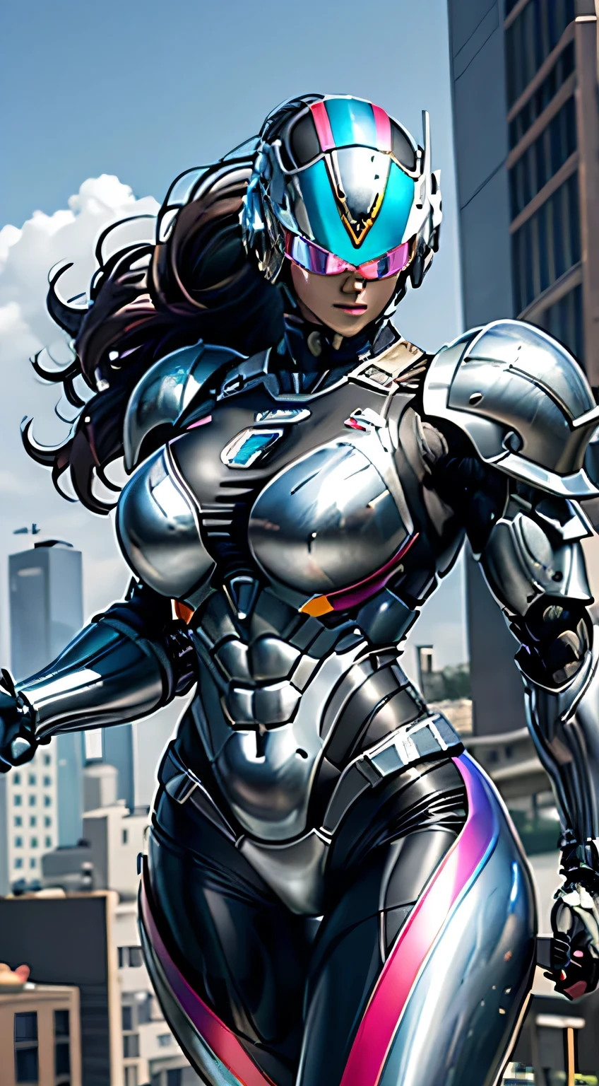 Female Robocop Solo、Bright outdoors、strong light source、8K, high quality, masterpiece, 最high quality, Crisp contrast、Very detailed、Full body armor、Very large armor、Helmet covering the head、Clear photos、His eyes are hidden by thin straight goggles:1.3、The lower half of the face is raw々Shii:1.5、The lower half of the face is exposed、Seductive lips、Rainbow and white metallic armor、Armor that completely covers the chest、Long, slender legs、Vibrant Posselo Body View,Big and ample breasts:1.5, (Sports Body:1.5)、Five Fingers、Hold a handgun、In the city