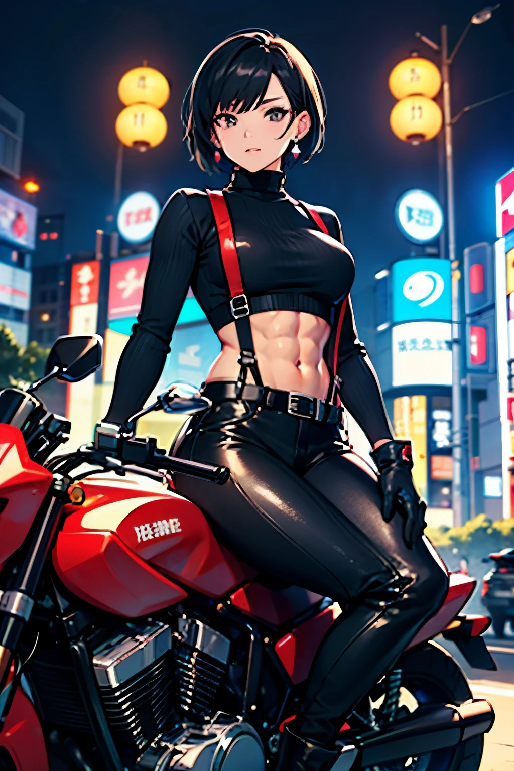 cool,beautiful,short hair,black hair,black knit sweater,japanese,turtleneck,waist,black leather pants,black leather gloves,black belt,athlete,straddle the motorbike,on the motorbike,big motorbike,ridersuit,,helmet,fullface,tall,long legs,night,japanese,suspenders,earrings,night,building,braces,one person,red rip,smart,over skin,full body,knit wear,body suit,Slender,abs,anime,cute,girl,