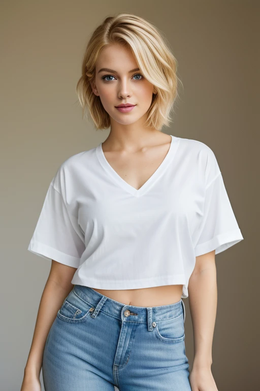 highest quality, Realistic, masterpiece, 8k, 1 girl, take a picture, Digital Art, Blonde Goddess, Beautiful blonde girl, bob hair, short hair, Gorgeous Woman, Sexy Girls, Oversize white shirts open front , Blue jeans, Full body, random sexy pose, Looking at the camera is sexy
