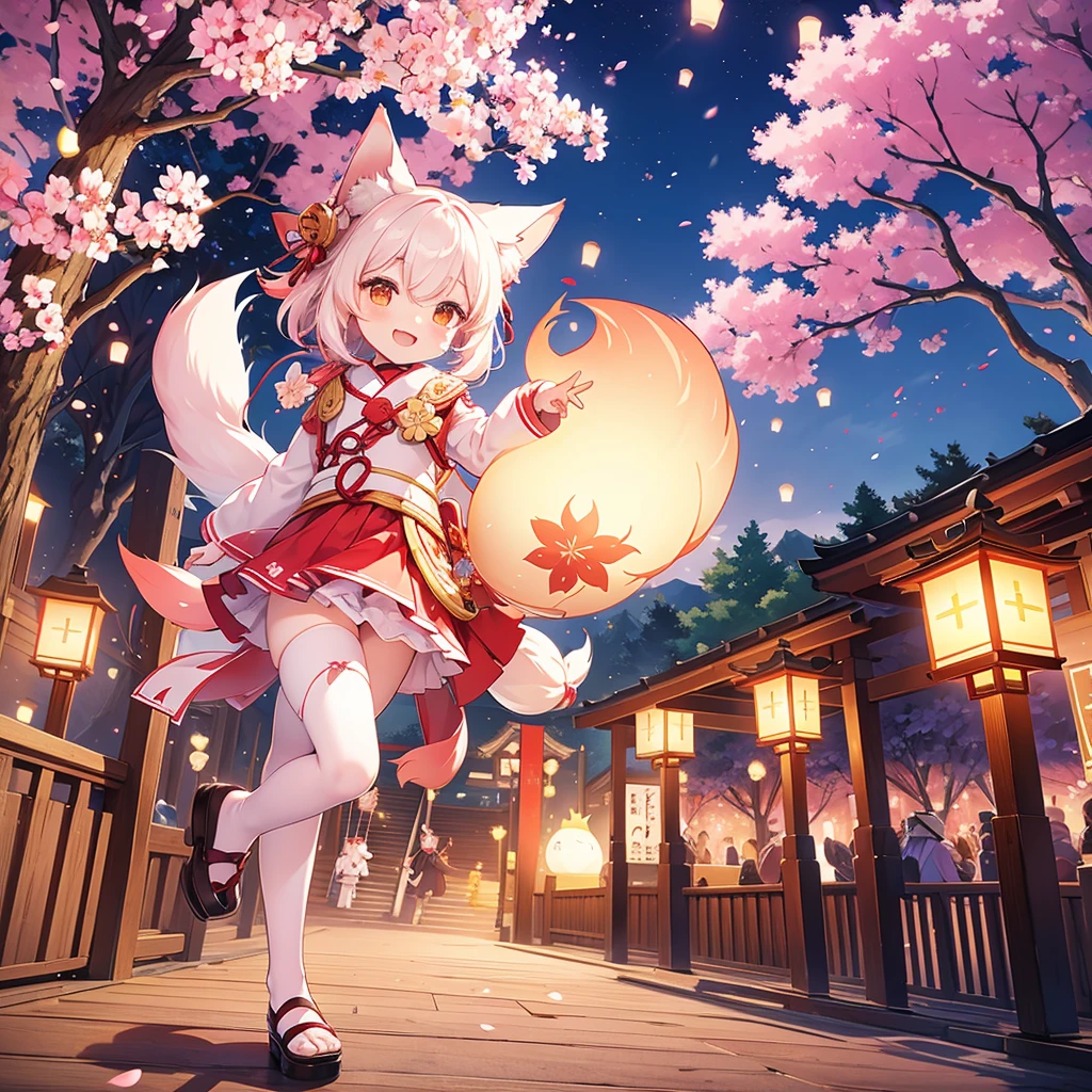 lanterns flying off into the sky, cherry blossom trees, kitsune people, happy, cheerful 