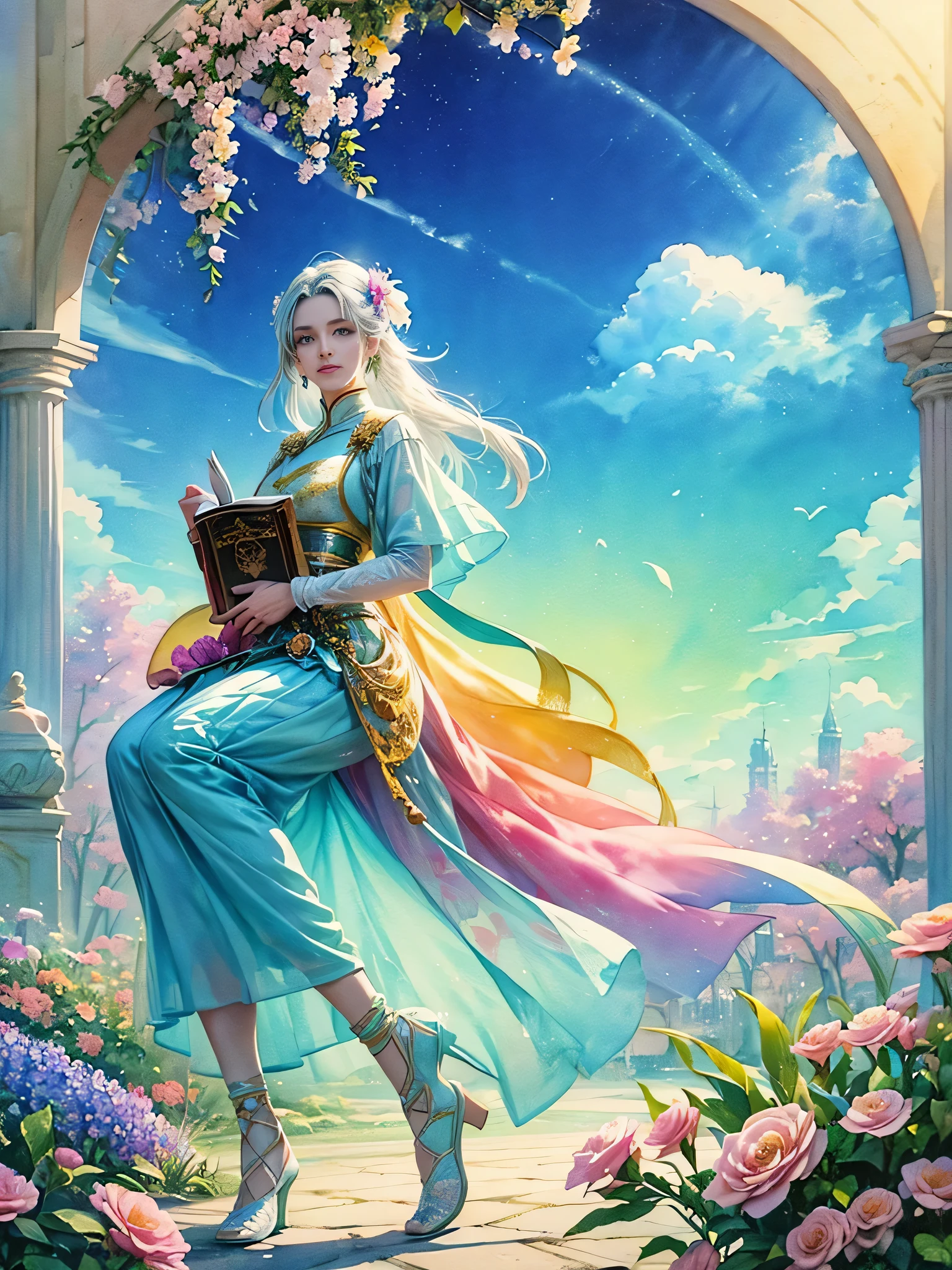 Man holding a sword and woman holding a medical book,Wearing traditional costume,Warm and happy gaze。Bright colors,antiquity。Background contains elements of comfortable living space,Symbolizes stability and warmth。The overall style combines reality and fantasy,Capturing a dreamy contemporary aesthetic。 (Flowers Watercolor:1.5),(Ultra high saturation, Bright and vivid colors:1.3),