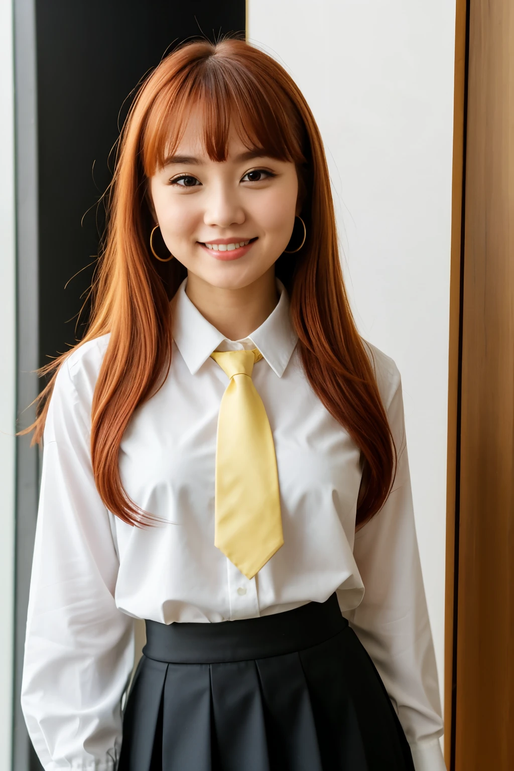 masterpiece,best quality,office,smile,closed mouth,standing,v,chibi,
anotherstyle,kaluolin,1girl,solo,skirt,red hair,looking at viewer,shirt,side ponytail,black skirt,white shirt,yellow eyes,long sleeves,necktie,long hair,high-waist skirt,bangs,huge 