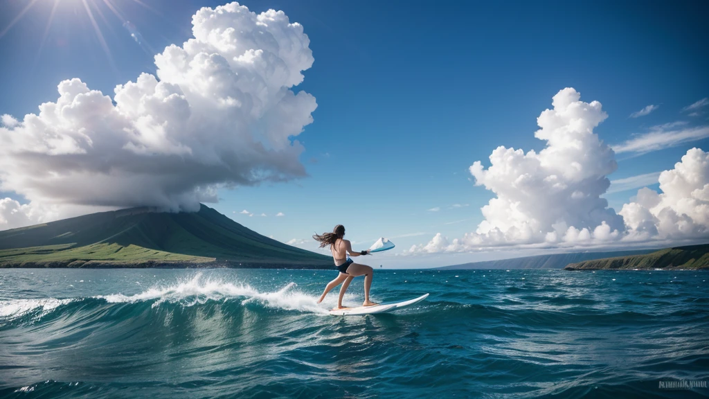 Blue ocean, white beach, many womans in swimsuit, back view,arafed man on a surfboard in the ocean with a sail, Riding the wind and waves, Maui, Scott M. Fischer, Action Sports Photography, sail, by Jakob Gauermann, Shutterstock, Julian Allen, Matthias Stom, Strike a pose for the camera, By Alexander Gierimski, by Edward Corbett, Motivate, By Emmanuel Witts