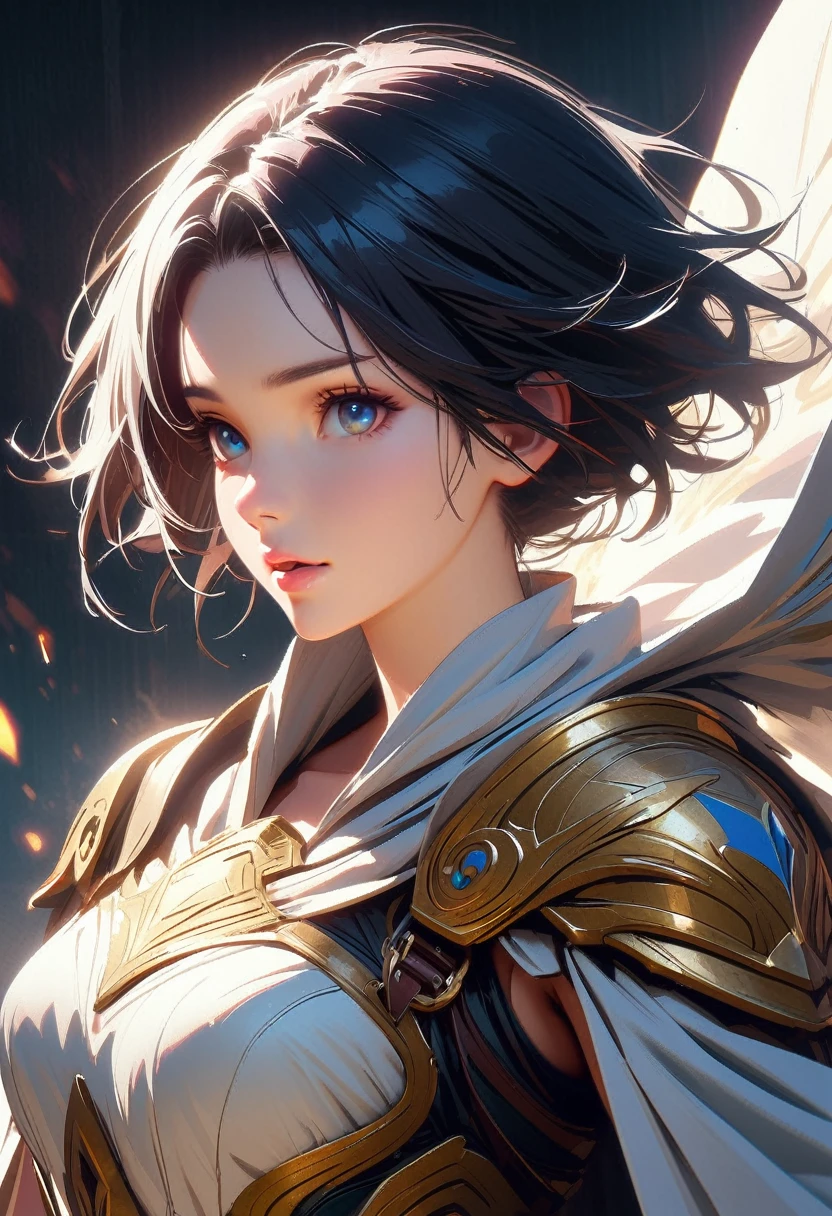((top quality)), ((masterpiece)), (detail), high resolution, perfect face, detailed eyes, fine eyes, depth of field, cinematic lighting, photorealistic BREAK (1 beautiful girl), medium breasts, black hair, ((pixie cut, forehead)), (Noble knightly dress), Long robe with gorgeous patterns, vibrant colors, (simple background), light particles, (cowboy shot), anime