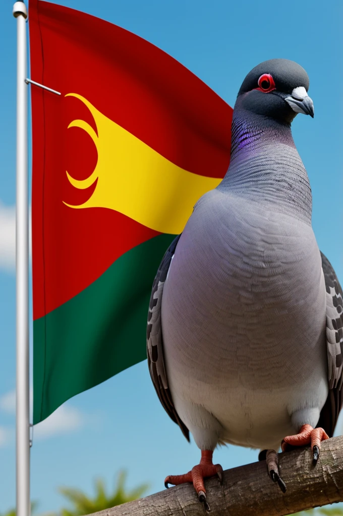 Create a Dulum Pigeon image with the colors of the Mozambican flag. The image must contain the following words: You already have the PIN? It&#39;s number 3. The Country is OURS...