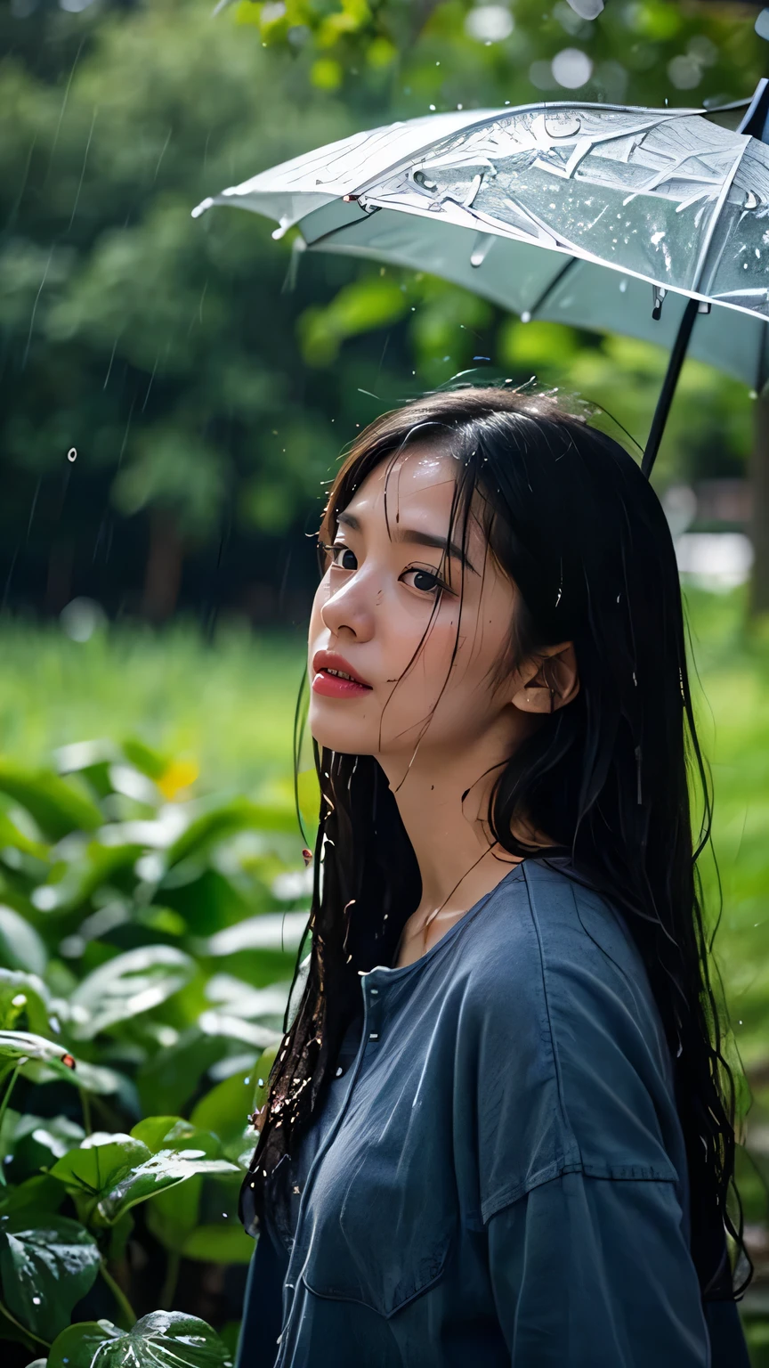 One Girl, Black Hair, Long Hair, water, Wet, alone, food, leaf, Outdoor, rain, View your viewers, plant, Upper Body, food up, Wet hair