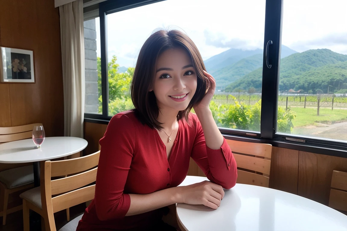 ((Highest quality、8K、masterpiece:1.3))、1 male、1 female、Couple、spouse、Couple、The body is slim、((Bob Hale、Straight hair:1.2)), (Realistic, Intricate details:1.2), テーブルの上のwine glass、Shine light on your face、 Amazing view of the sunset sky and clouds、Amazing mountain views、A bright smile、The wonderfulness of smile、Bright image、The beauty of wine, Beautiful Face, blue eyes, The light shines on your face, Blushing, short hair,Bright Face、 (Age 46), 46 years old, red wine 、Appetizers、Italian food、Wine bottle、Champagne、sparkling wine、Two beauties、Brown Hair、Shortcuts、Long sleeve shirt、dress、Beautiful woman 1, (slimな顔), (The body is slim), (Brown Hair), (Shortcuts), cheeks turn a little red,Attractive beauty、restaurant, In a prominent place (From the waist up) Nova Frog Style, actress, model, Upper Body, White wine, slim, wine glass, 中央に置かれたwine glass, smile, (smile: 1.15), Beautiful fine grain, Depth f/2,saturation, High Contrast, Strong light and shadow,Moist Body:1.5、3D texture、Delicate eyes、Brown Hair、The hair is very shiny、