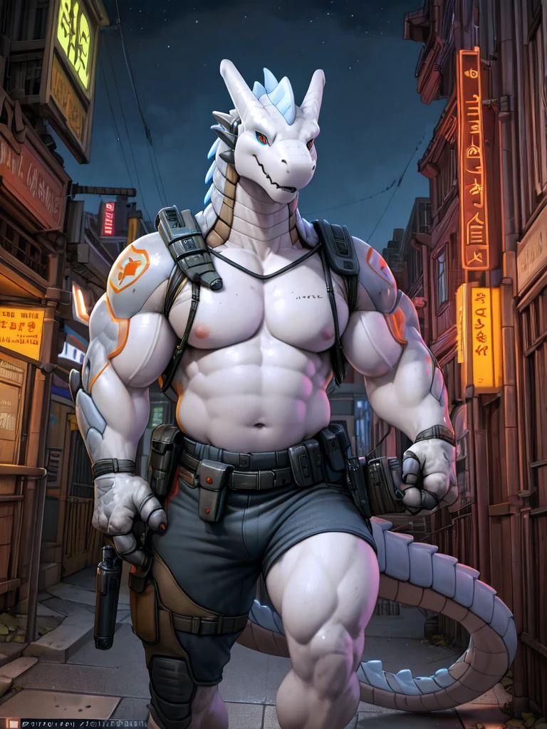 by taran fiddler, Uploaded to E621, best quality, masterpiece, high quality, Sexy Men, (synth) ,dragon, android,White, Bright colors, security robot, guards, bodyguard, bodyguard, very muscular, male muscular, sexy muscular, thick thighs, Long tail, guards costume, holster, gun holster, hand on holster, attack pose,night, city background, Bright screen, by vader-san