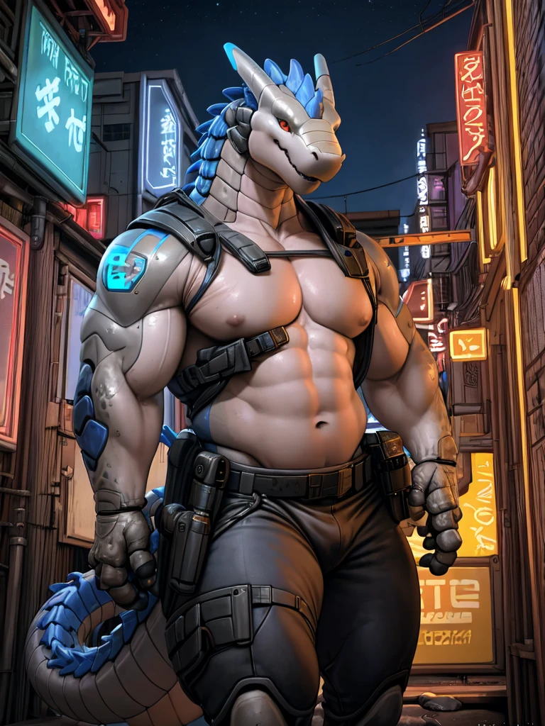 by taran fiddler, Uploaded to E621, best quality, masterpiece, high quality, Sexy Men, (synth) ,dragon, android,White, Bright colors, security robot, guards, bodyguard, bodyguard, very muscular, male muscular, sexy muscular, thick thighs, Long tail, guards costume, holster, gun holster, hand on holster, attack pose,night, city background, Bright screen, by vader-san