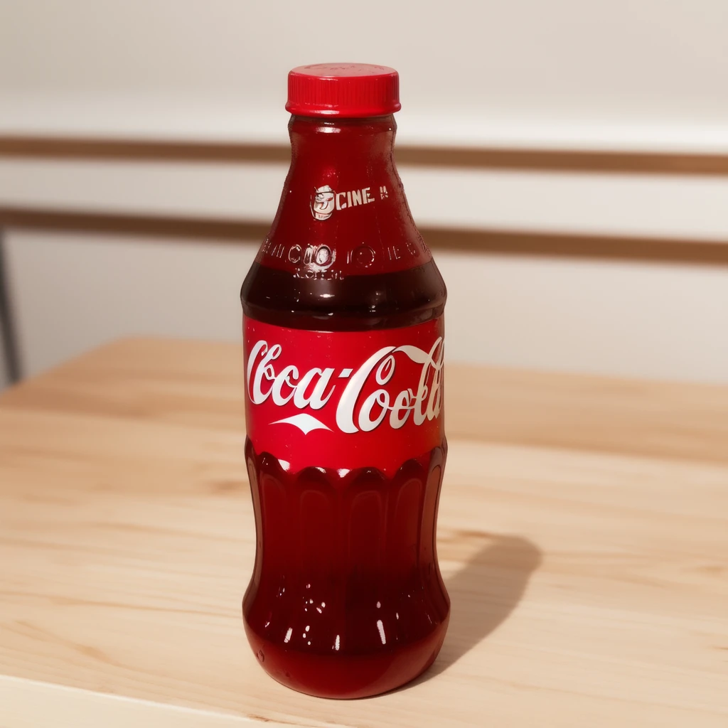 in the kitchen, on a wooden table, a coca cola jelly bottle, it shows a jelly texture, realistic texture, realistic style, detailed texture, high quality, high resolution, high quality rendering, realistic photo, brightning light, macro photo, ultra hd 4k