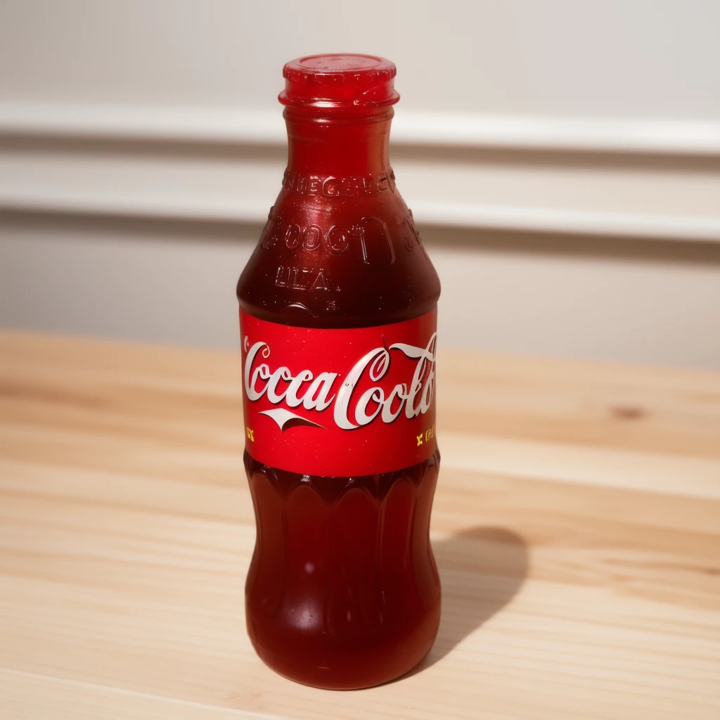 in the kitchen, on a wooden table, a coca cola jelly bottle, it shows a jelly texture, realistic texture, realistic style, detailed texture, high quality, high resolution, high quality rendering, realistic photo, brightning light, macro photo, ultra hd 4k