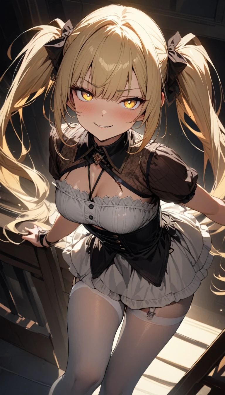 a handsome girl, solo,
blonde long hair, twintails, bangs, yellow eyes, bright eyes,
corset dress, garter rings, white tights,
Smirk,
perfect lighting, best angle,
masterpiece, best quality, extremely detailed face, extremely detailed