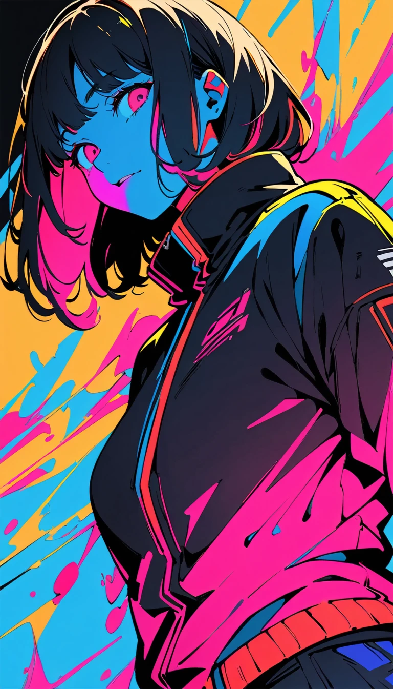 (high quality, 8K, 4K, High contrast, masterpiece:1.2, 最high quality, Best aesthetics), (Dynamic Angle), ((1 female)), ((Cyberpunk)), ((Flat Color)), ((colorful art)),helmet,Rider jacket, Looking at the audience, Upper Body, Colored background, High contrast, Contrasting colors, Cowboy shooting,Black Hair，Black pupil，