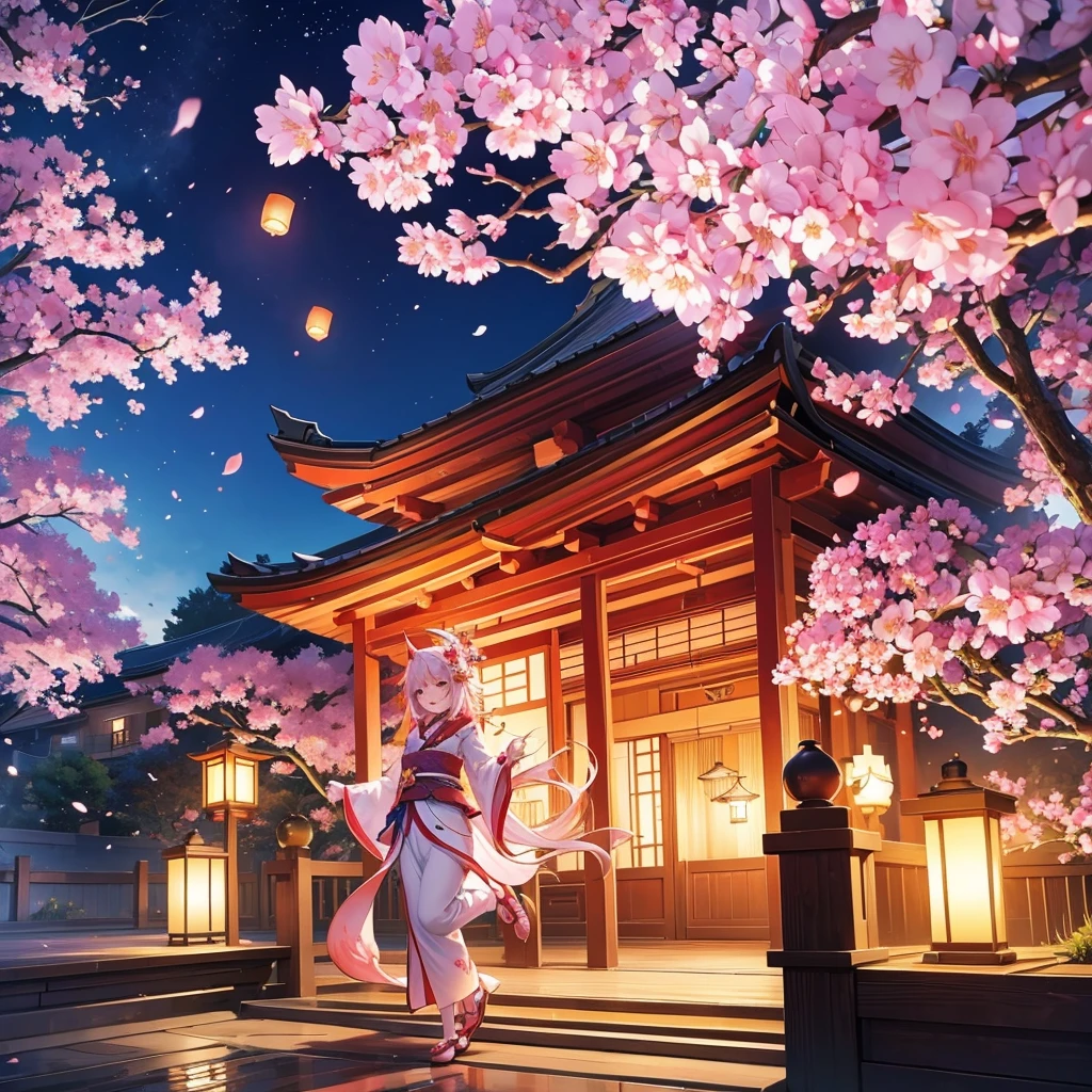 lanterns flying off into the sky, cherry blossom trees, kitsune people, happy, cheerful