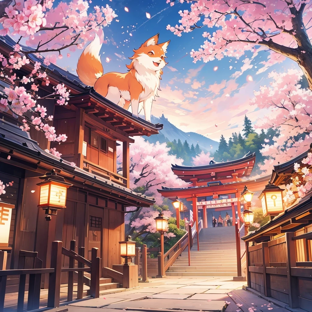 lanterns flying off into the sky, cherry blossom trees, kitsune people, happy, cheerful