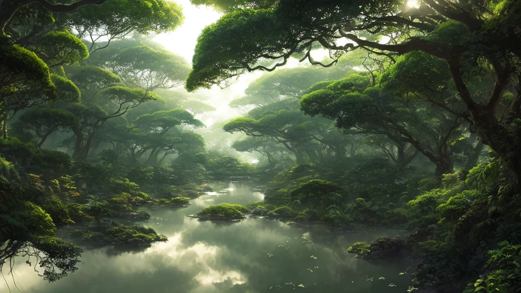 Digital Illustration, detailed and complex, Lush African savannah，Exotic flowers and plants in bloom, Plants and animals, Sunlight shines through the tree canopy，Creates a mottled effect. A quiet river flows through the jungle，small steps, The style of Yoshitaka Amano and Hayao Miyazaki, masterpiece, proportional, detailed, Popular on ArtStation, Beautiful Lights, Practical, complex, The award-winning, 4K, best quality, The award-winning, 4K digital in the style of Yoshitaka Amano. Beautiful lighting and cinematic composition make this piece a true masterpiece, Popular on ArtStation