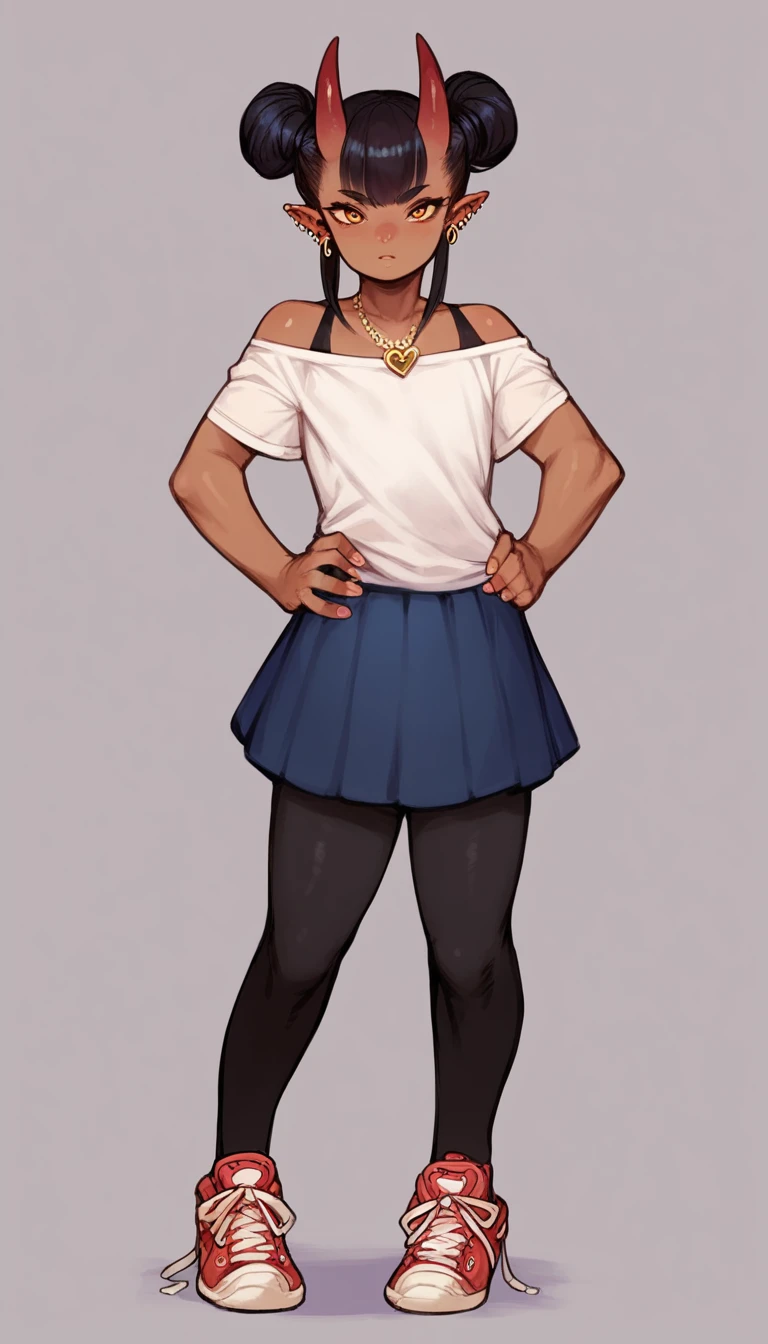 score_9, score_8_up, score_7_up, score_7, Expressiveh,best quality, masterpiece, ultra high resolution,
(demon boy:1.35), femboy, solo, tiny, cute, _loli, shota_boy, jewelry, necklace, skirt, earrings, shoes, full_body, long hair, sneakers, hair buns, horns, horny, ((hands_on_hips)), standing, dark_skin, dark-skinned_female, black_hair, leggings, off_shoulder, t-shirt