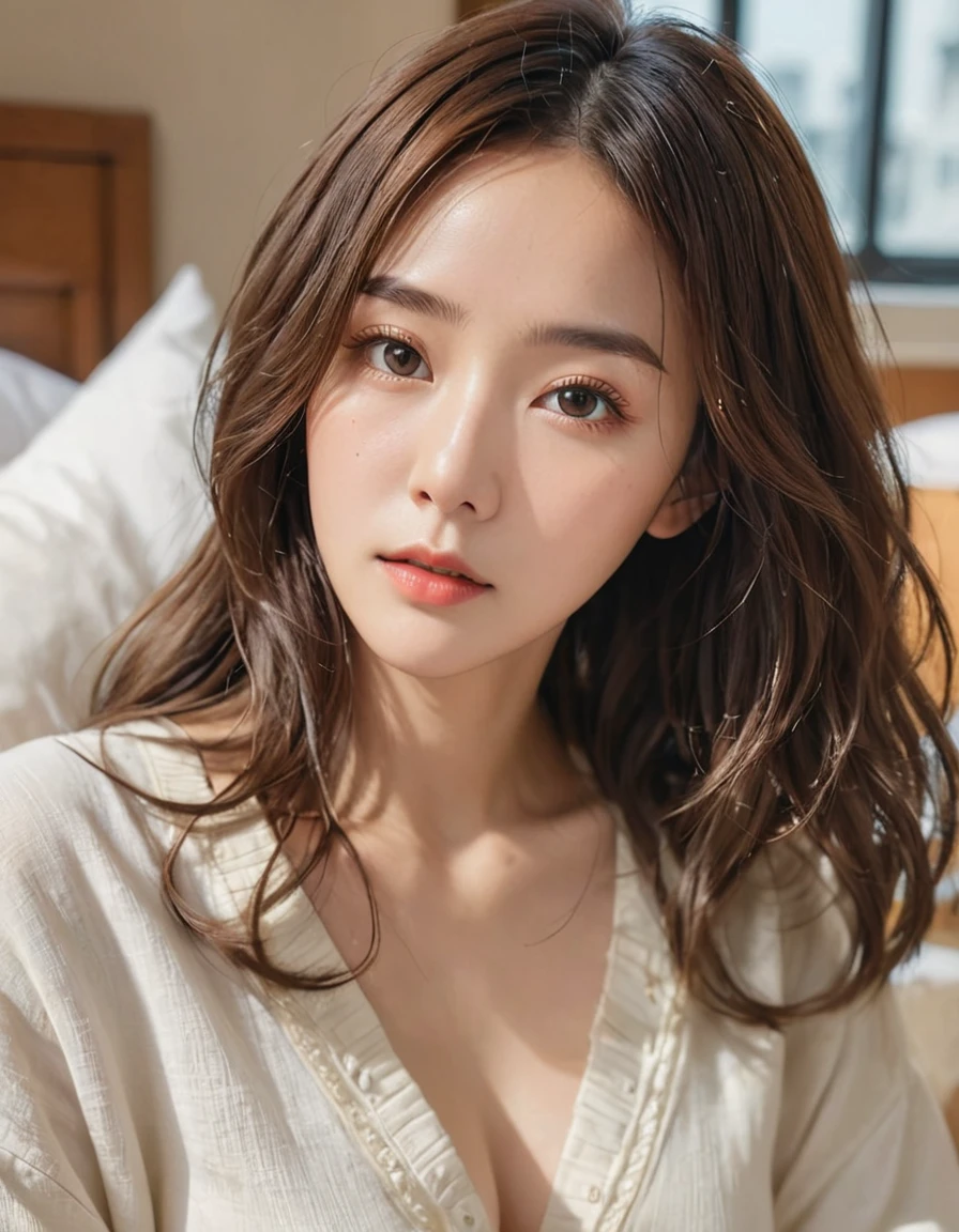 ((Highest quality、8K、masterpiece:1.3))、focus:1.2、(wide angle), instagram photo, Beautiful woman perfect body:1.4、fit body、((Bob Hale、Straight hair:1.2))、(to be born, Highest quality, masterpiece:1.5), (Realistic, Intricate details:1.2) 、sleepy face, ((sleepy)), Beautiful Face, dark brown eyes, medium long hair, messy natural hair, ((small breast}), Bright skin, Kodak film fine grain, High Contrast, back lighting ,Moist Body:1.5、detailed eyes、[Brown Hair]、messy hair, just wake up, on bed, messy bed, sleep wear, dress, ((reading book)) [look at the book], cozy, bed room in apartment, morning, warm sunshine, back lighting