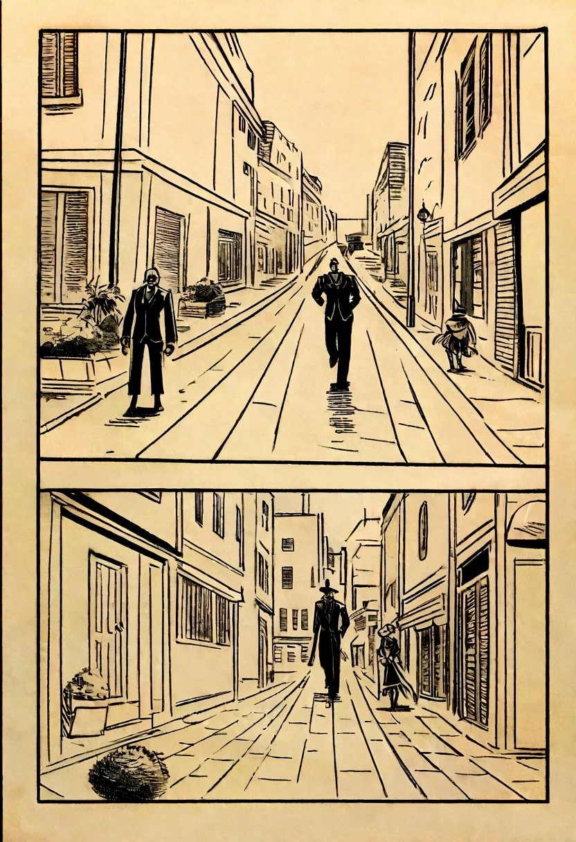 Location: 1920s Neo-noir street. Characters: Keep people only in the background. Style: Dave Gibbons comic sketch