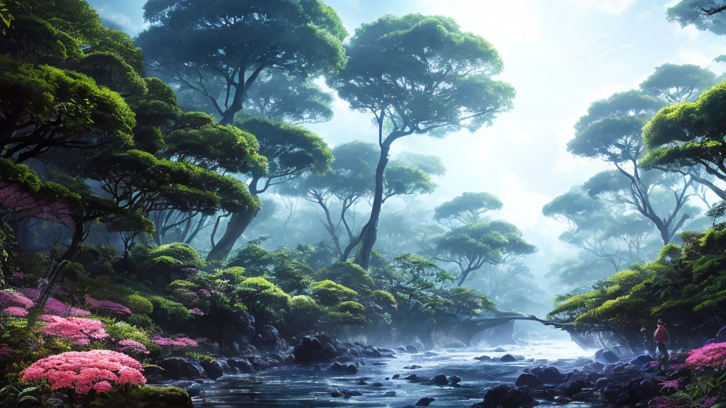 Digital Illustration, detailed and complex, Lush African savannah,Exotic flowers and plants in bloom, Plants and animals, Sunlight shines through the tree canopy,Creates a mottled effect. A quiet river flows through the jungle,small steps, The style of Yoshitaka Amano and Hayao Miyazaki, masterpiece, proportional, detailed, Popular on ArtStation, Beautiful Lights, Practical, complex, The award-winning, 4K, best quality, The award-winning, 4K digital in the style of Yoshitaka Amano. Beautiful lighting and cinematic composition make this piece a true masterpiece, Popular on ArtStation