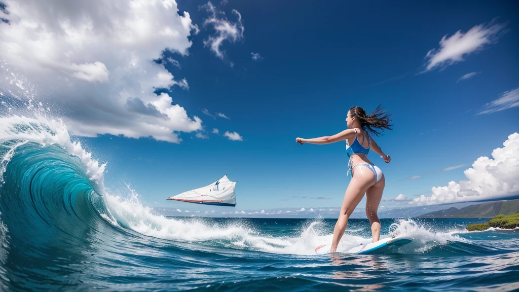 Blue ocean, white beach, many womans in swimsuit, back view,arafed man on a surfboard in the ocean with a sail, Riding the wind and waves, Maui, Scott M. Fischer, Action Sports Photography, sail