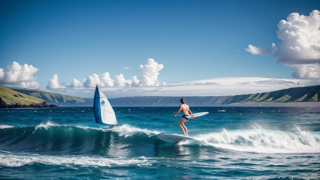 Blue ocean, white beach, many womans in swimsuit, back view,arafed man on a surfboard in the ocean with a sail, Riding the wind and waves, Maui, Scott M. Fischer, Action Sports Photography, sail