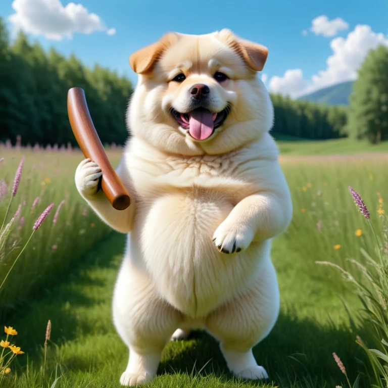 Standing like a human (Fluffy adorable charming fat dog),  In the meadow, Ultra-detailed, ８K、Hyperrealism, Sharp frame, Film Studies, Lighting
