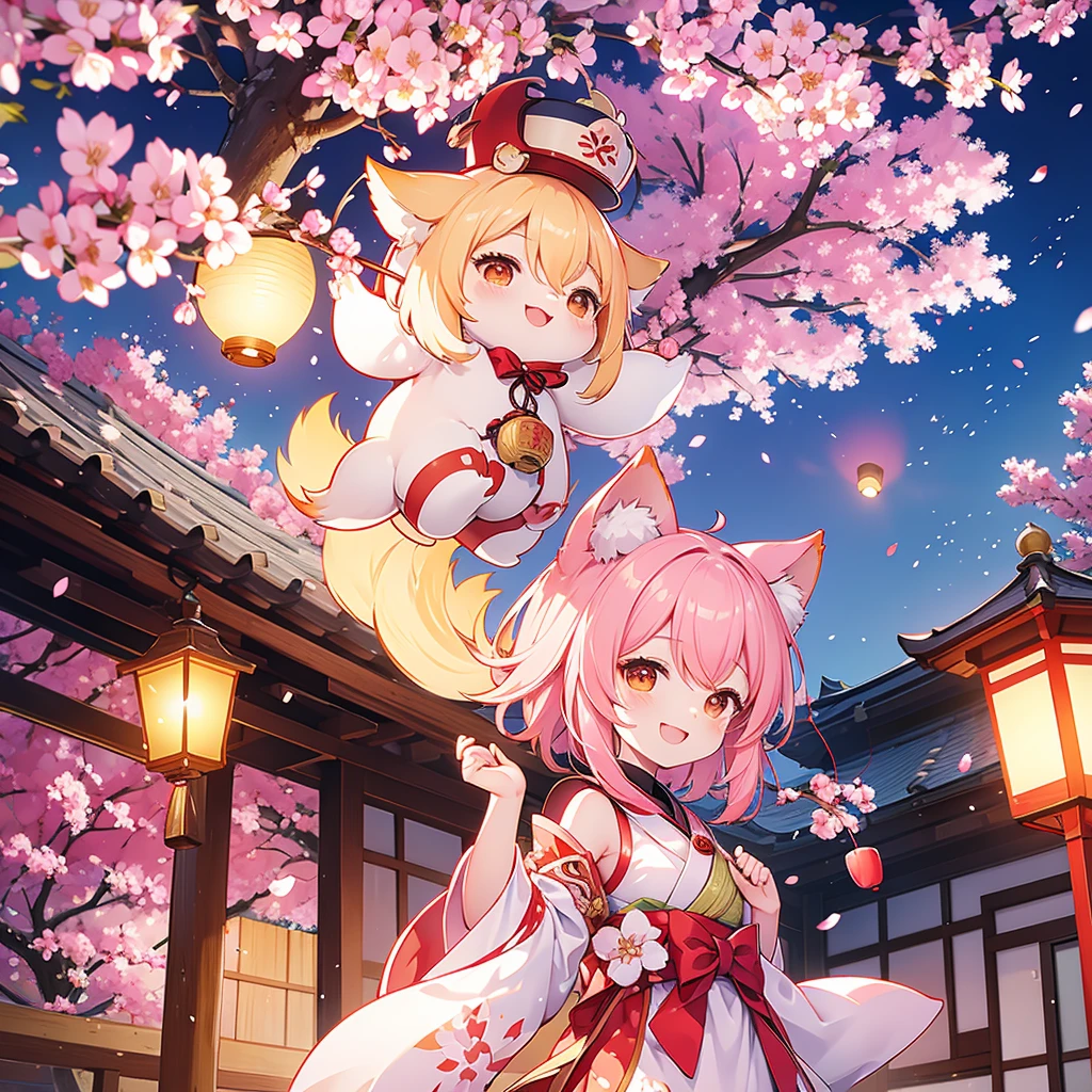 lanterns flying off into the sky, cherry blossom trees, kitsune people, happy, cheerful 