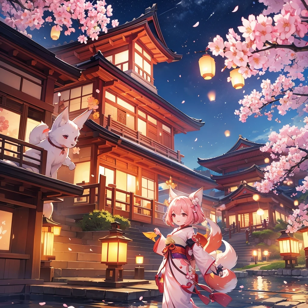 lanterns flying off into the sky, cherry blossom trees, kitsune people, happy, cheerful 