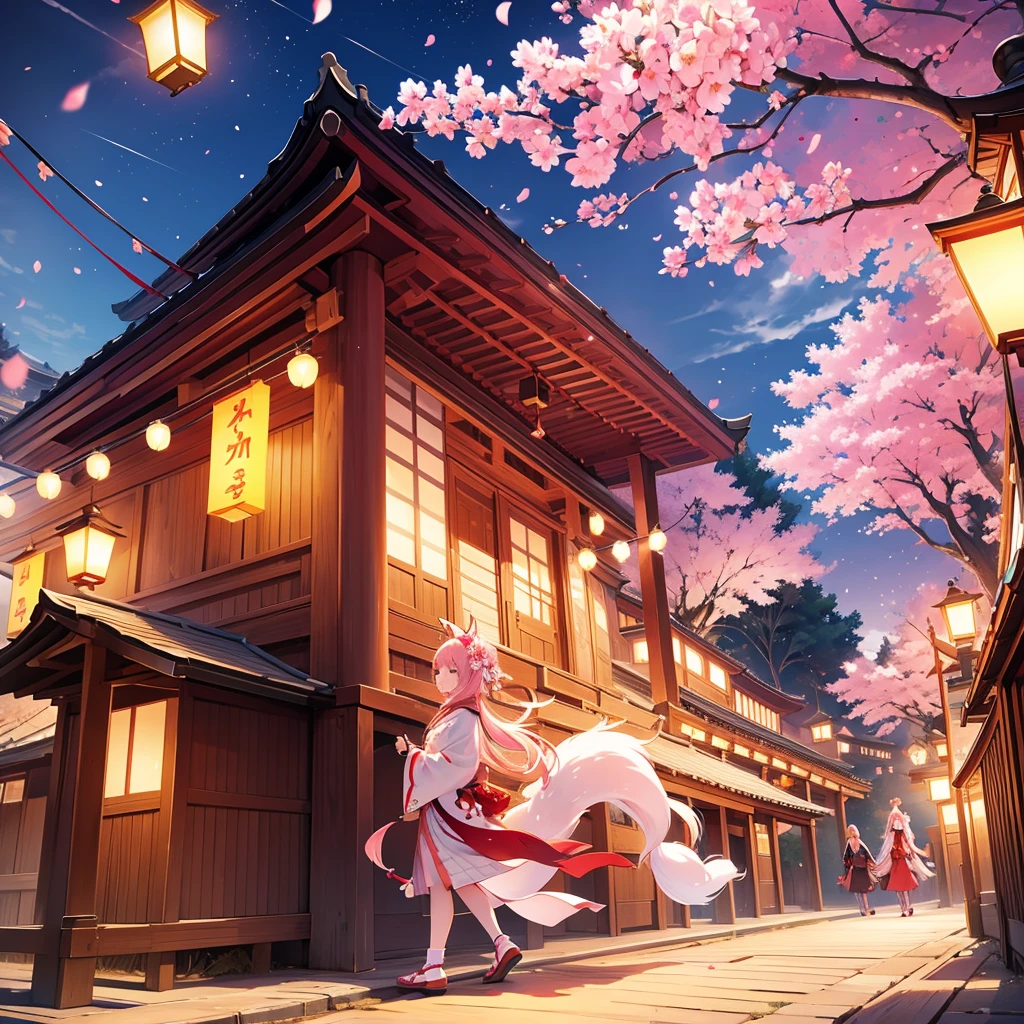 lanterns flying off into the sky, cherry blossom trees, kitsune people, happy, cheerful