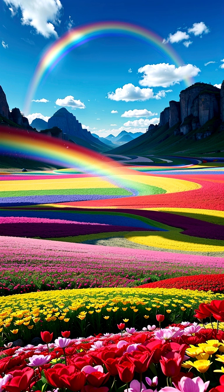 The world of Final Fantasy, a rainbow-colored flower field with no one around, each petal a rainbow color, an extremely beautiful scenery, a world of light, heaven, a world of gods, the most beautiful images, the highest quality, 8K.