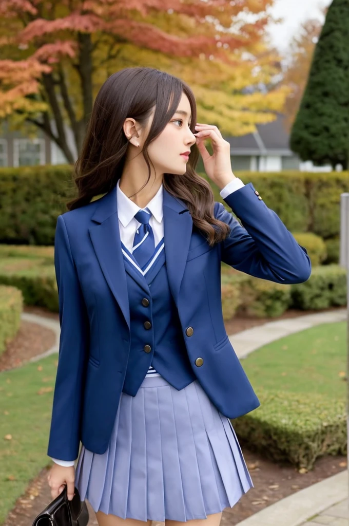 A woman taking a photo wearing a skirt suit and jacket, seifuku, Girl in suit, sakimichan, Short skirt and long jacket, Girl in suit, Wearing a jacket and skirt, Dress neatly, ( ~ side ) profile, profile image, Elegant appearance, high school girl, Coat pleats, Catalogue photo, Japanese , Girl wearing